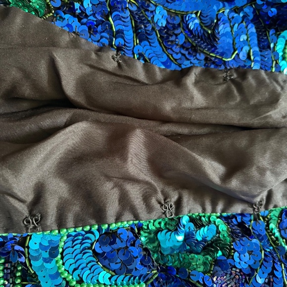 Vintage 1980's Laurence Kazar New York Blue Green Sequin Silk Jacket Large - Picture 10 of 10